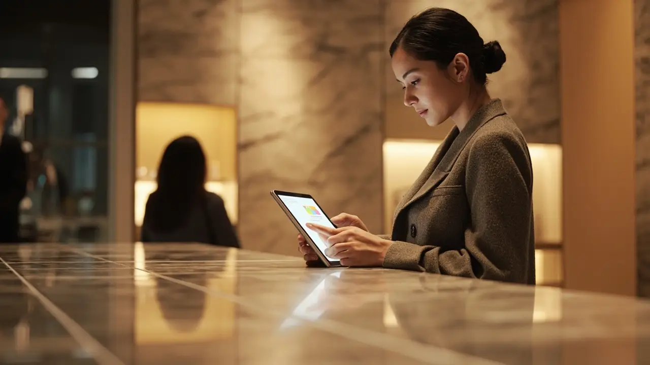 A person reading figures on a tablet in a showroom