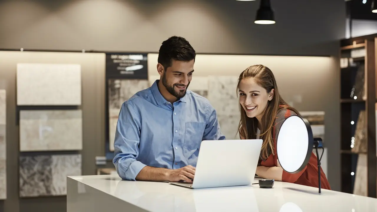 Two people reviewing figures on a laptop in a showroom