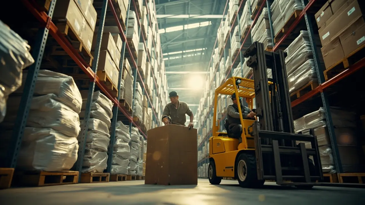 Warehouse aisle with racks and a forklift